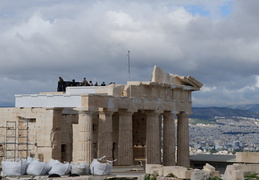Protestors atop the Propylaia, Athens
